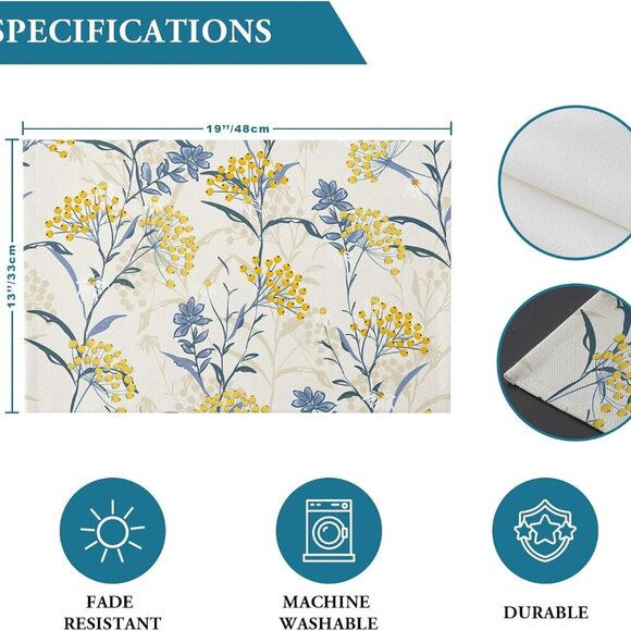 Dining Table Placemats Set Of 6Cotton Linen,Vintage Floral Plant,Heat Resistant - Picture 3 of 8